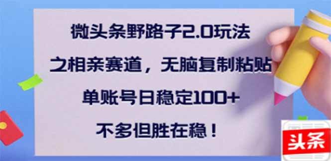 （14334期）微头条野路子2.0玩法之相亲赛道，无脑搬砖复制粘贴，单账号日稳定300+...